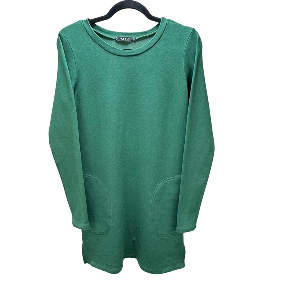 Yala Shirt Dress S Green Organic Cotton Bamboo Pockets Long‎ Sleeve Mini (flaws)